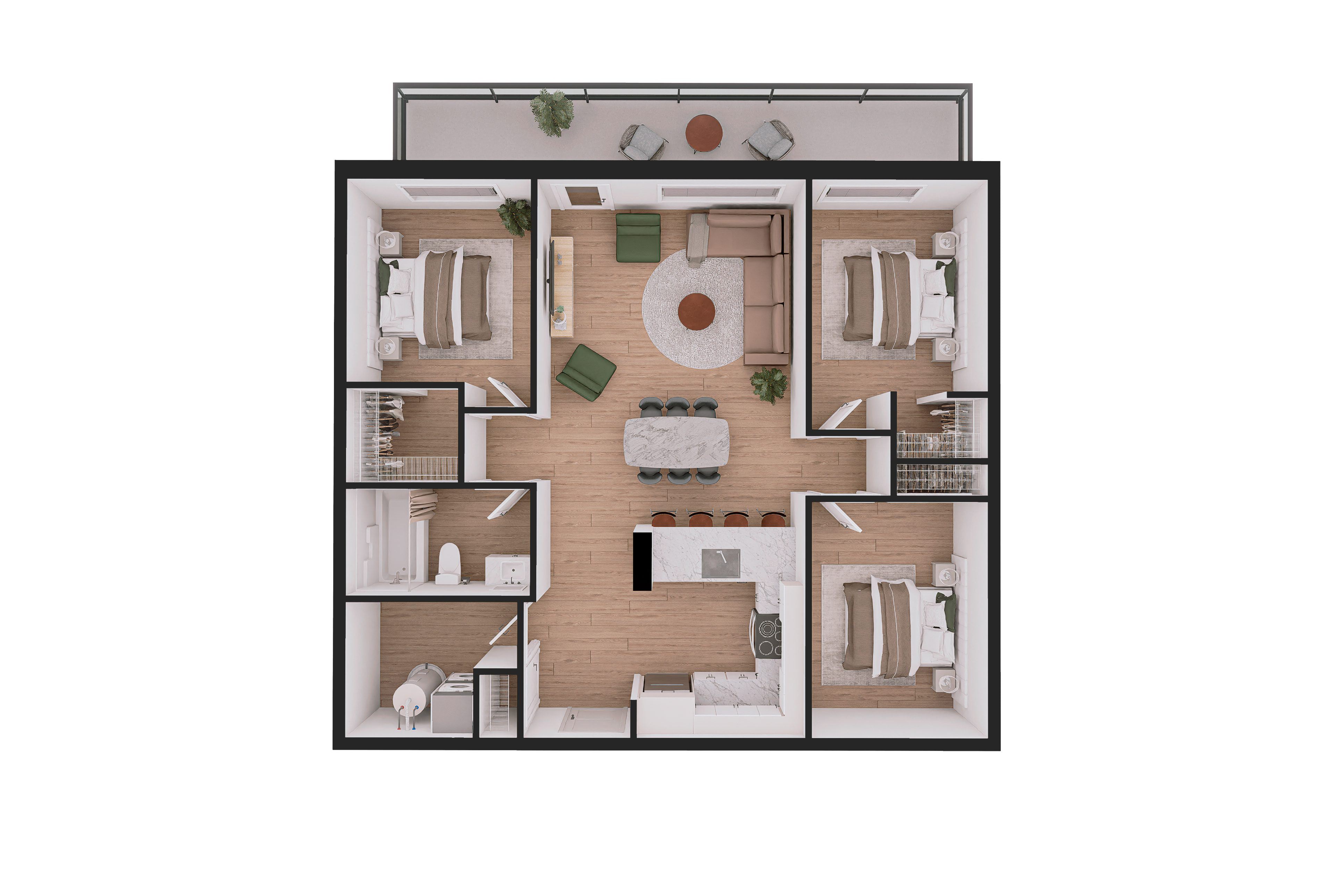 Floor plan for 3 beds, 1 bath, 1033 sqft